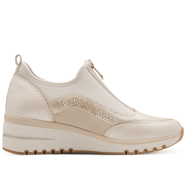 Womens Marco Tozzi 24780 Cream and Gold Zip Front Wedge Trainers - Cream Combi