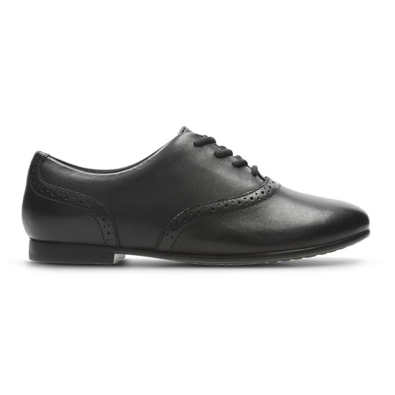 Junior Clarks Jules Walk Black Leather Girls Lace Up School Shoes - Black