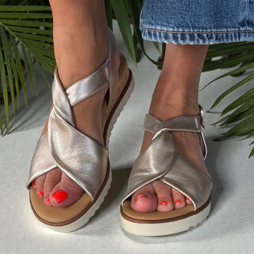 Womens Gabor Rich Twist Front Slingback Sandals - Pewter Gold