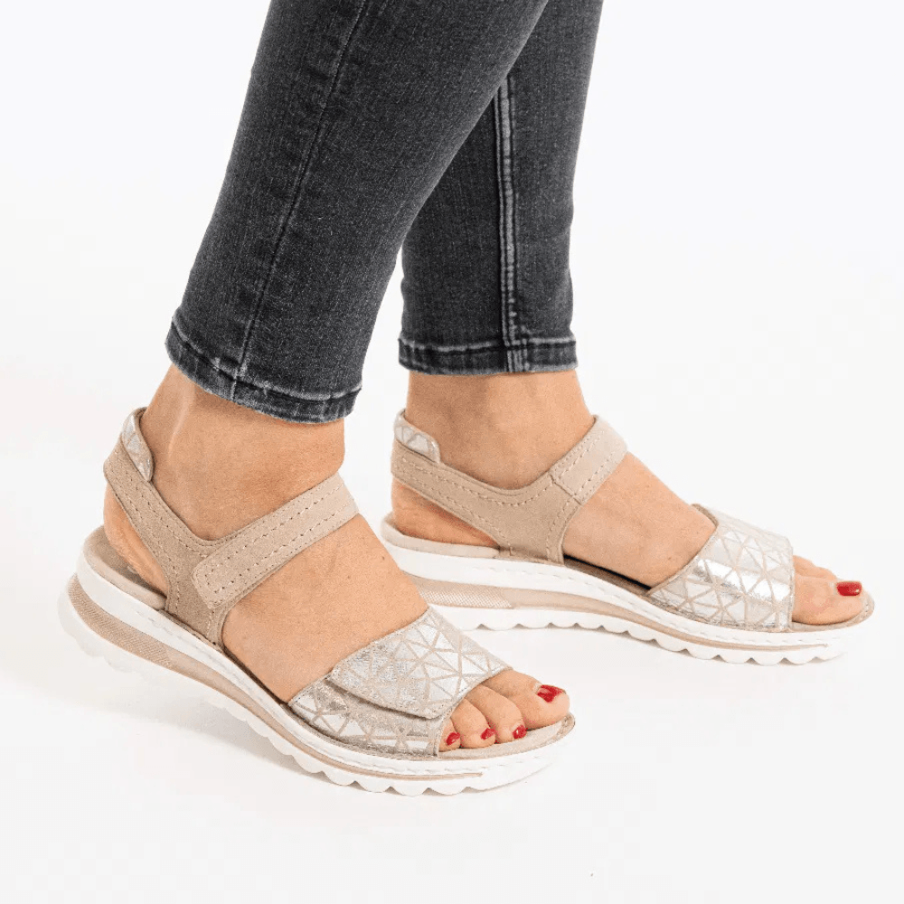 Womens Ara Tampa Beige Metallic Geometric Velcro Strap Sandals