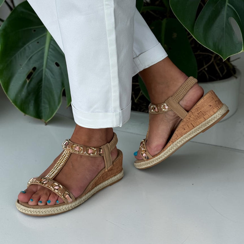 Womens Susst Krystal T-Bar Wedge Sandals - Camel