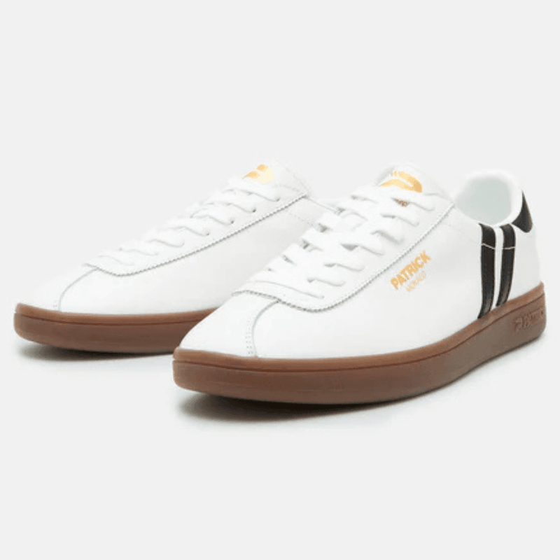 Mens Patrick Shoes Monaco White and Black Leather Trainers - White