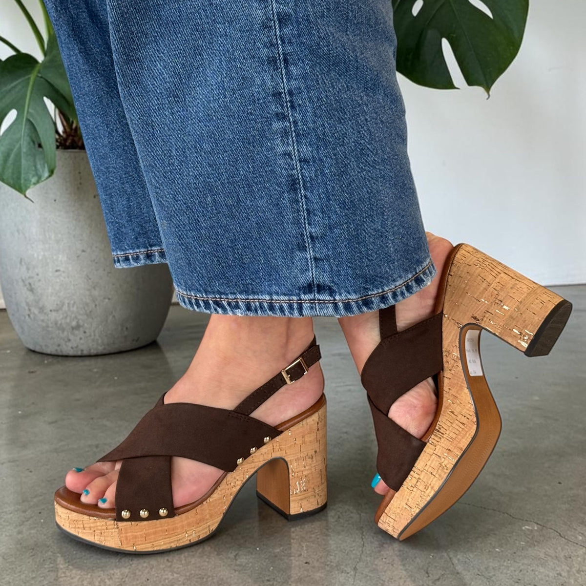 Womens Marco Tozzi 28366 Brown Cork Platform Block Heel Sandals