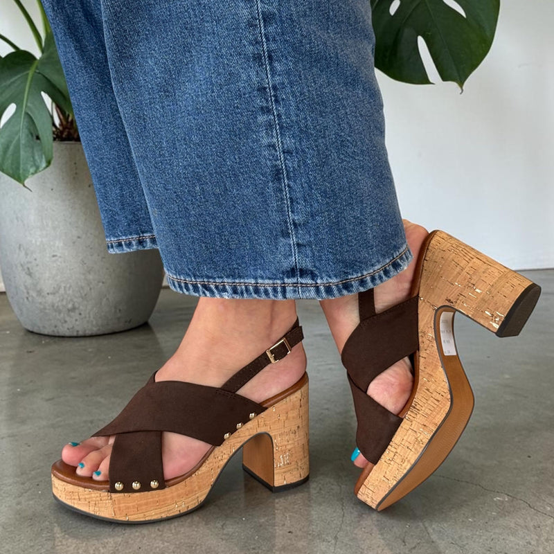 Womens Marco Tozzi 28366 Brown Cork Platform Block Heel Sandals - Mocca Brown