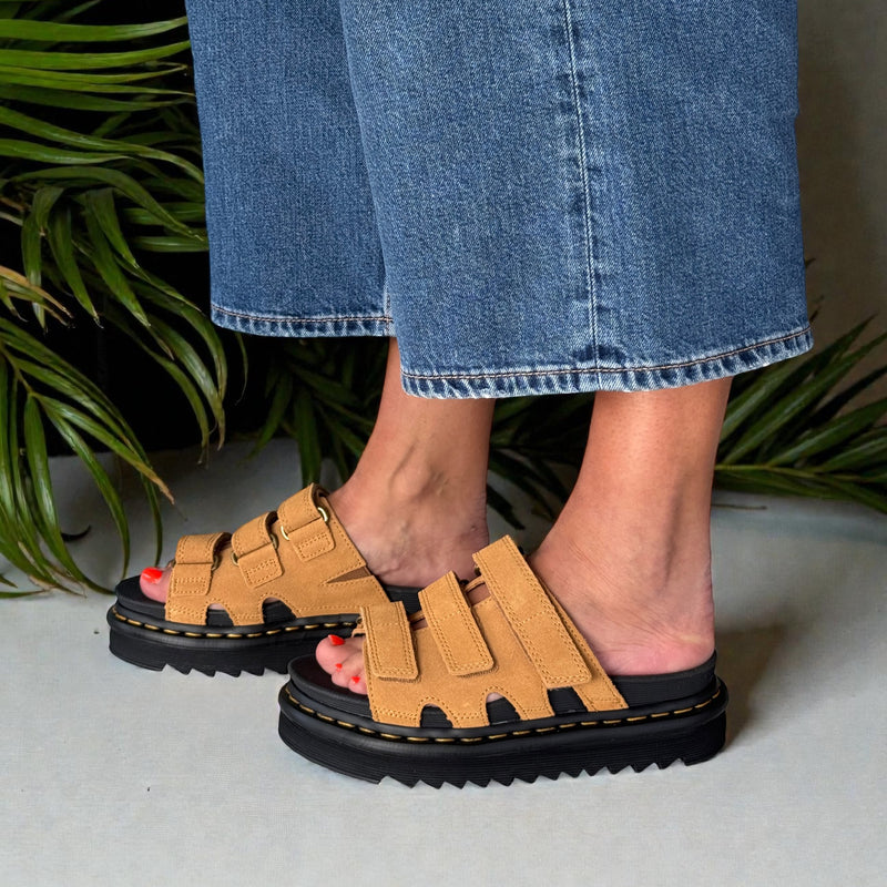 Womens Dr Martens Raine Suede Velcro Strap Mule Sandals - Tan - Tan