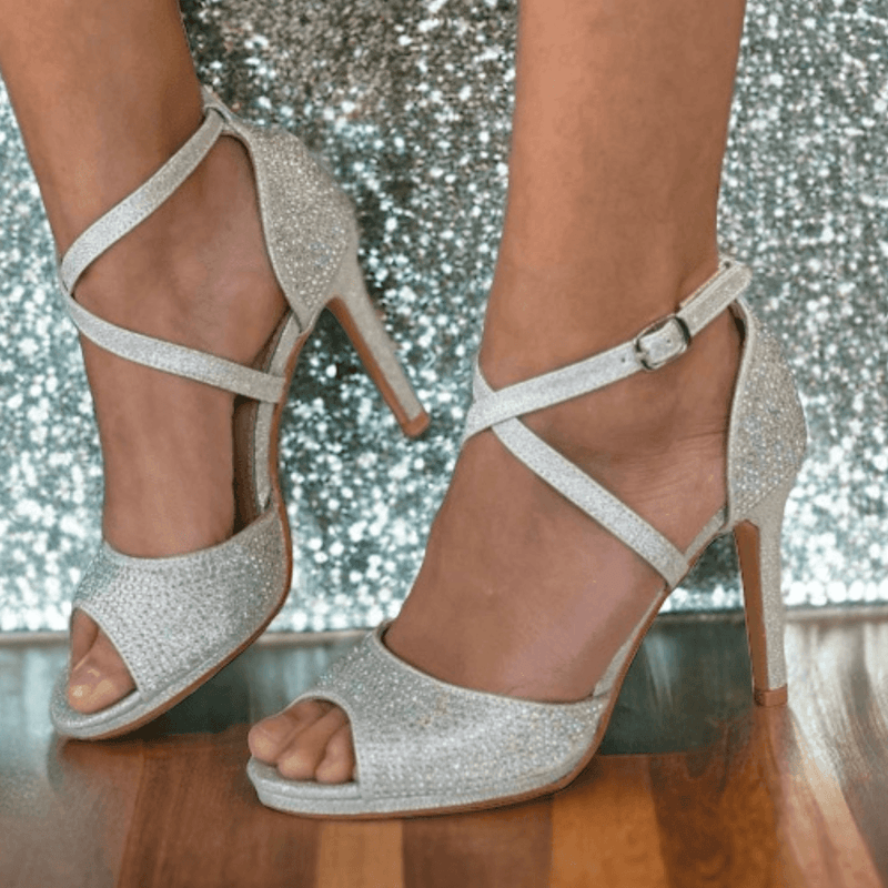 Womens Sorento Lyrath Silver Diamante Open Toe High Heels - Silver