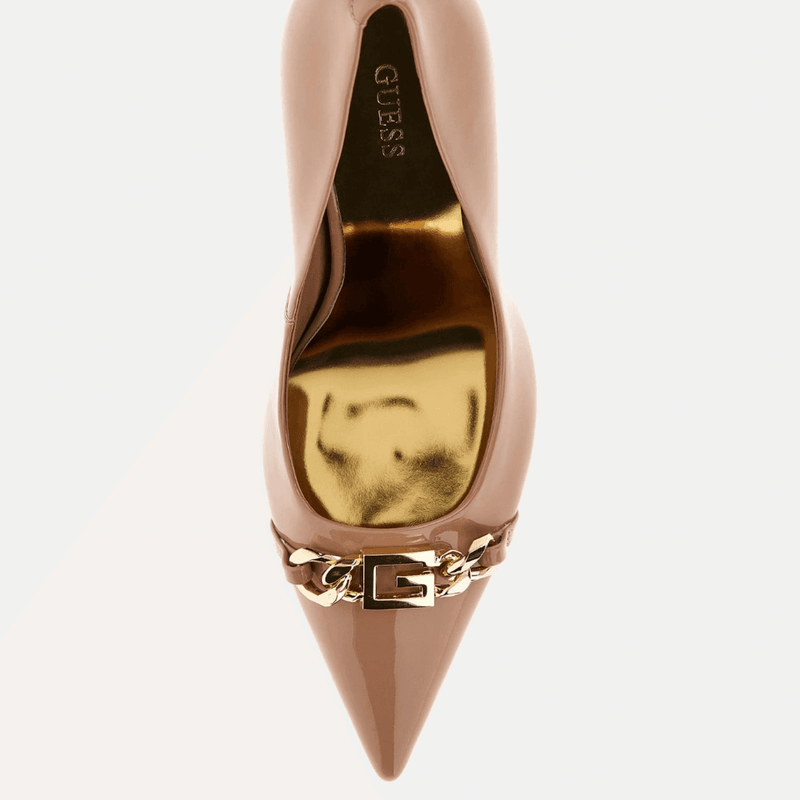 Womens Guess Scale Nude Patent Chain Logo High Heels - Nude Pink