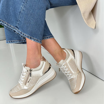 Womens Tamaris 23703 Combination Side Zip Wedge Trainers - Beige Combi