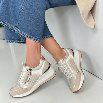 Womens Tamaris 23703 Combination Side Zip Wedge Trainers - Beige Combi