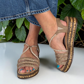 Womens Rieker 62977 Diamante Wedge Sandal - Gold