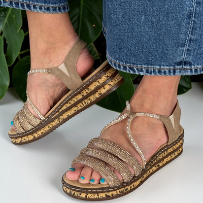 Womens Rieker 62977 Diamante Wedge Sandal - Gold