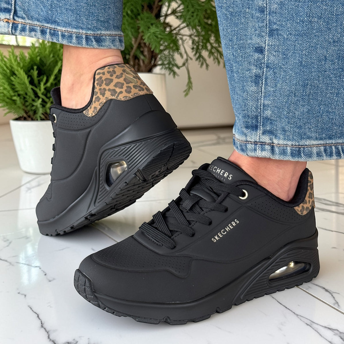 Womens Skechers 177093 Uno Jungle Nite Black Leopard Trainer