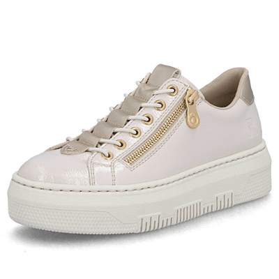 Womens Rieker M1953 Cream Patent Slip On Side Zip Trainers - Cream and Gold