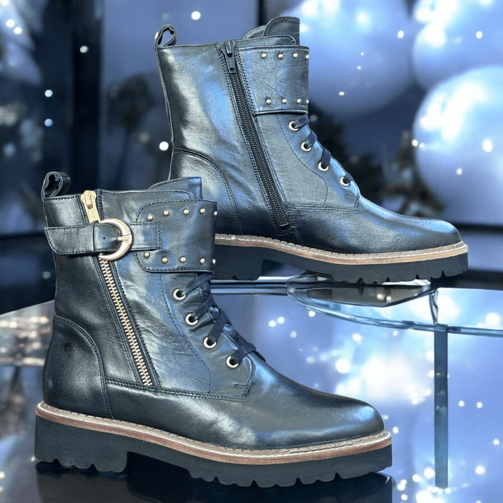 Womens Lotus Foster Black Gold Stud Lace Up Biker Boots