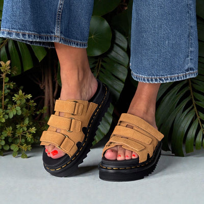 Womens Dr Martens Raine Suede Velcro Strap Mule Sandals - Tan - Tan