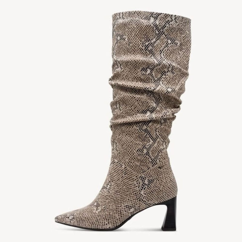 Womens Tamaris 25507 Beige Snake Print Slouch Boots - Beige Snake Print