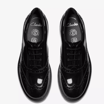 Girls Clarks Loxham Brogue Black Patent Laced School Shoe - Black Patent
