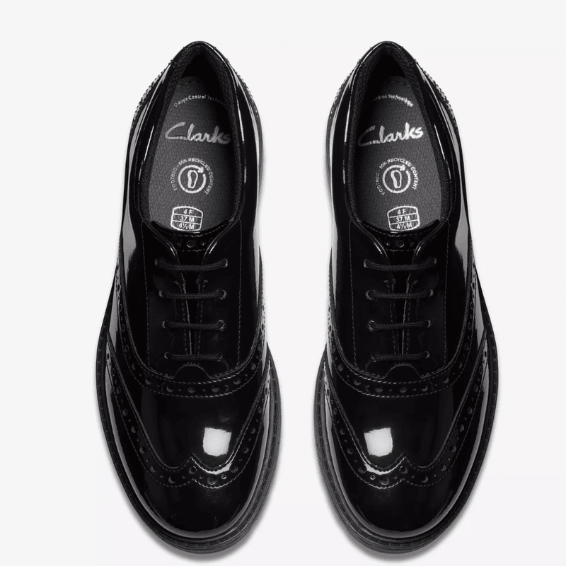 Girls Clarks Loxham Brogue Black Patent Laced School Shoe - Black Patent