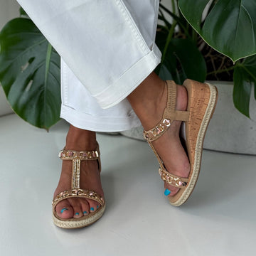Womens Susst Krystal T-Bar Wedge Sandals - Camel