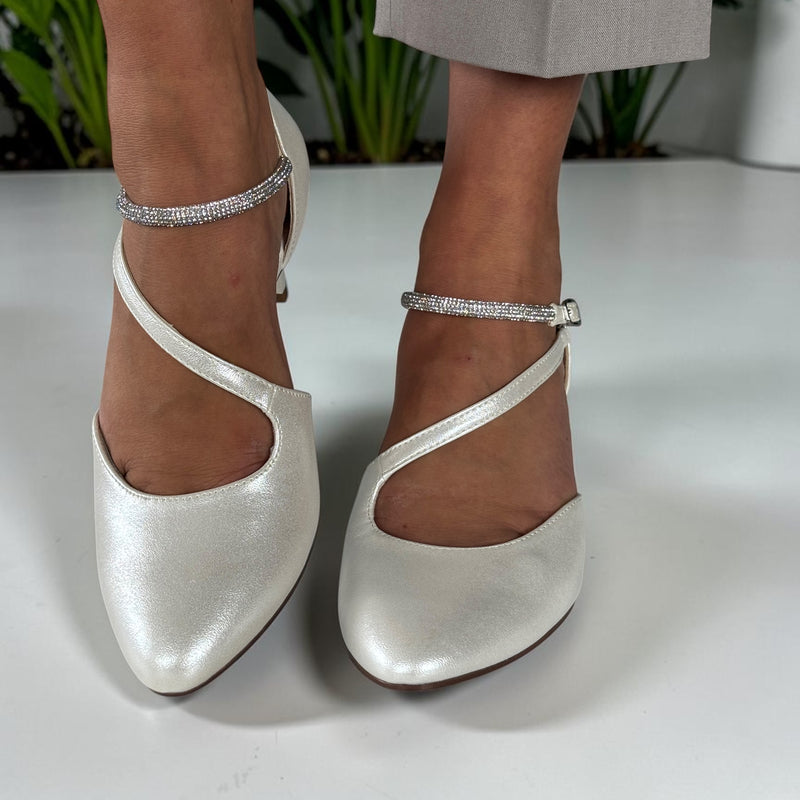 Womens Tamaris 22425 Diagonal Strap Heels - Pearl