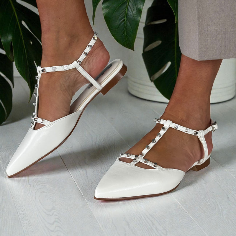 Womens Refresh 175070 T-Bar Rock Stud Ballerina Pumps - White