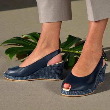 Womens Pitillos 11311 Peep Toe Slingback Wedge Sandals - Navy
