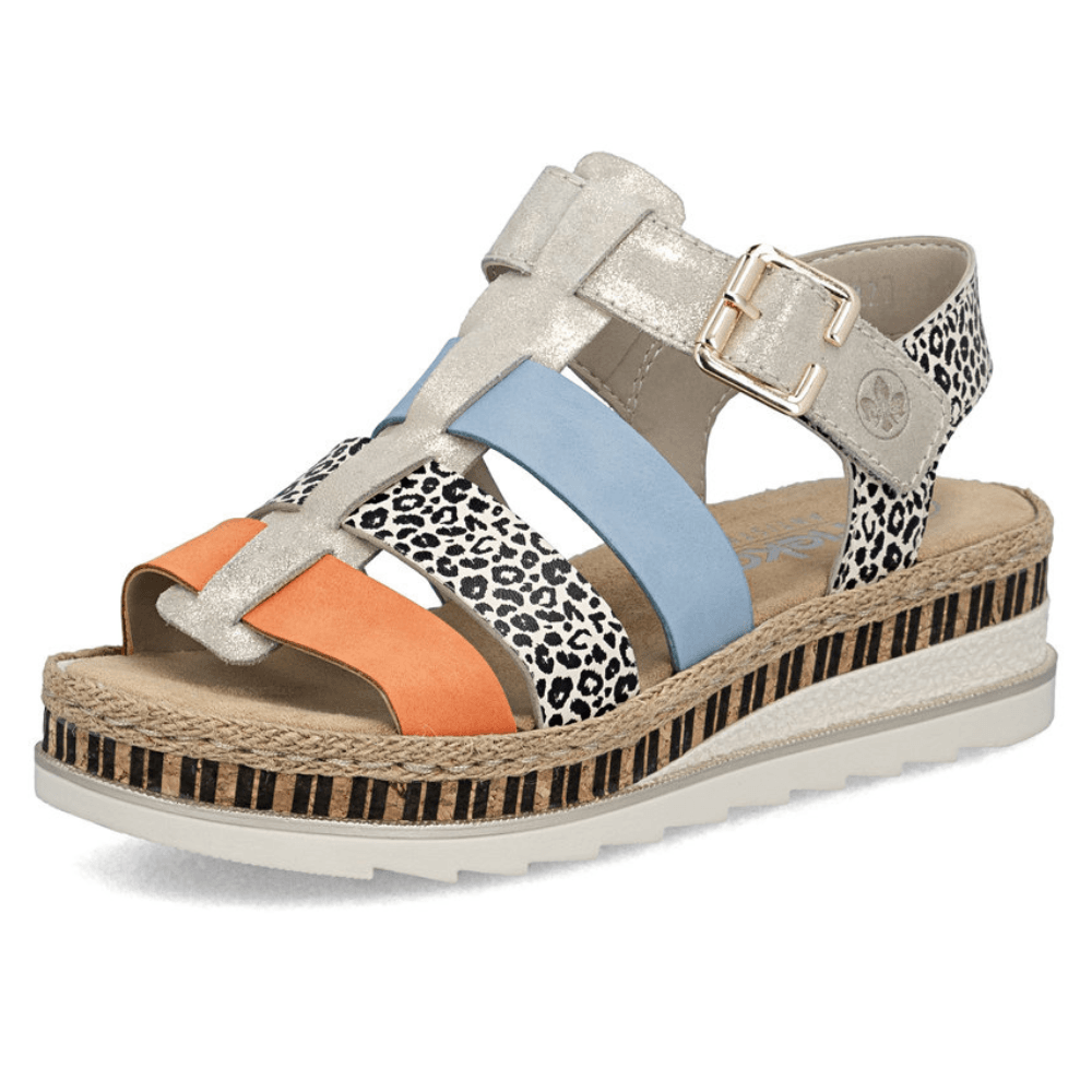 Womens Rieker V7904 Gold Multi Leopard Print Strappy Sandals
