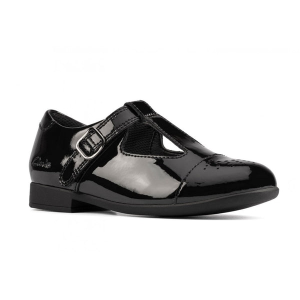 Junior Girls Clarks Scala Sprit Black Patent T-Bar School Shoes - Black Patent