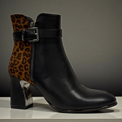 Womens Lunar Shaw Black and Ocelot Block Heel Ankle Boots - Black