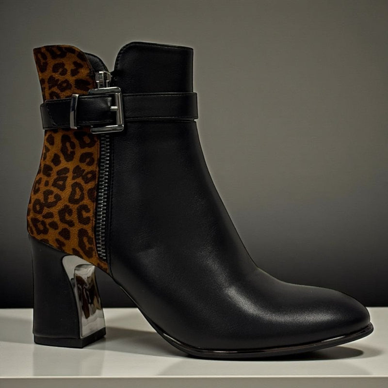 Womens Lunar Shaw Black and Ocelot Block Heel Ankle Boots - Black