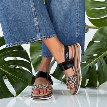 Womens Remonte D1J53 Black and Leopard Print Velcro Flatform Sandals - Black