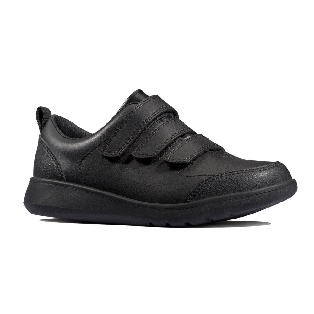 Junior Clarks Scape Sky Boys Velcro School Shoe - Black Leather