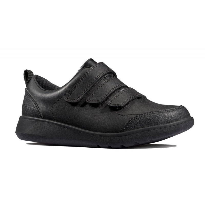 Junior Clarks Scape Sky Boys Velcro School Shoe - Black Leather - Black