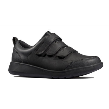 Clarks Scape Sky Boys Velcro School Shoe - Black Leather - Black