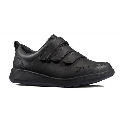 Clarks Scape Sky Boys Velcro School Shoe - Black Leather - Black