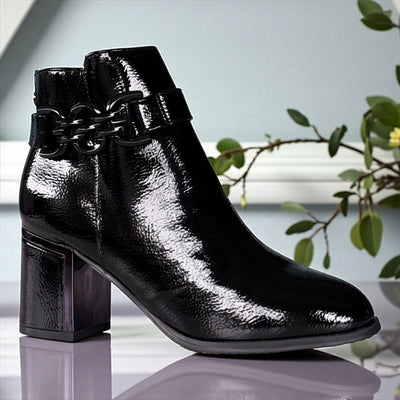 Womens Lotus Amarin Black Patent Block Heel Ankle Boots - Black