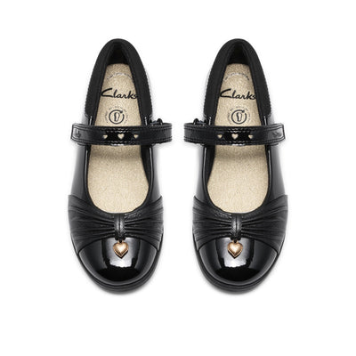 Girls Clarks Lock Gem Kid Black Patent School Shoes - Black Patent