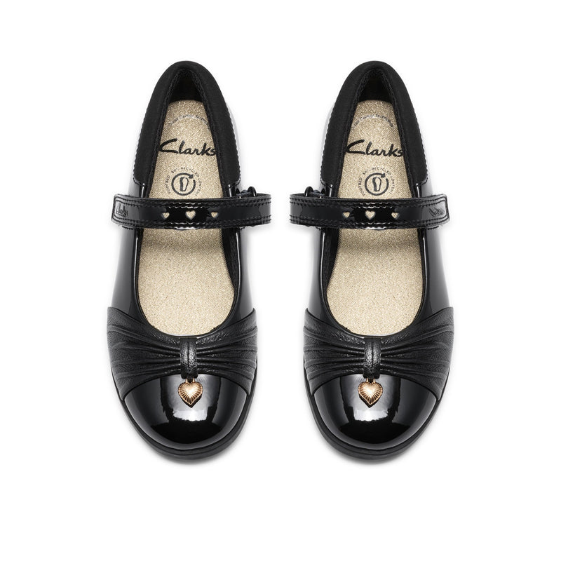 Girls Clarks Lock Gem Kid Black Patent School Shoes - Black Patent