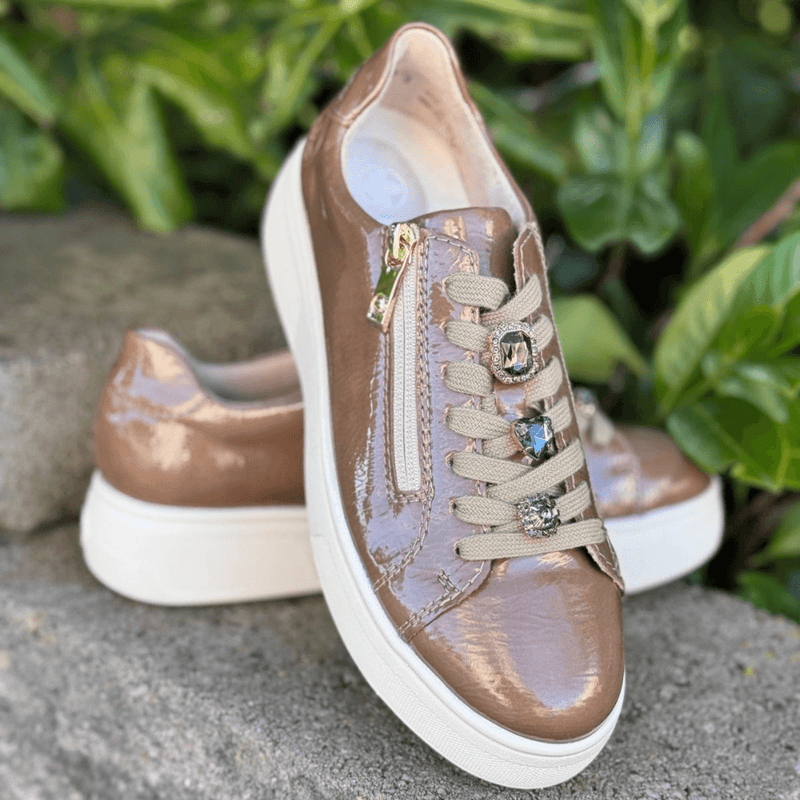 Womens Rieker M7702 Patent Side Zip Trainers- Fango Sand - Beige Gold