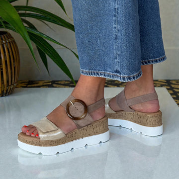Womens Lotus ULP268 Natural & Gold Leather Cammie Flatform Sandals - Taupe and Gold