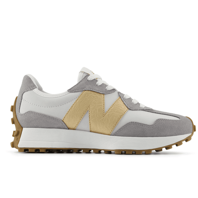 Womens New Balance 327 Suede Trainers - Grey and Gold - Grey Matter with Gold Metallic