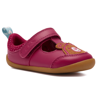 Infant Girls Clarks Roamer Hope Berry T-Bar Velcro Strap Pre Walker Shoes - Berry - Burgundy