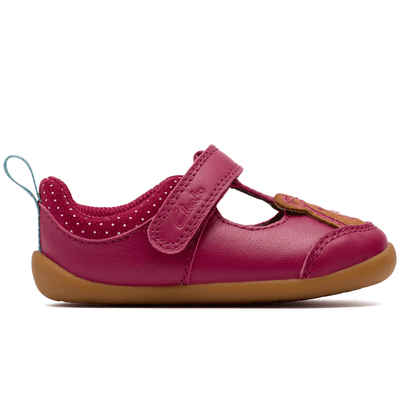 Infant Girls Clarks Roamer Hope Berry T-Bar Velcro Strap Pre Walker Shoes - Berry - Burgundy