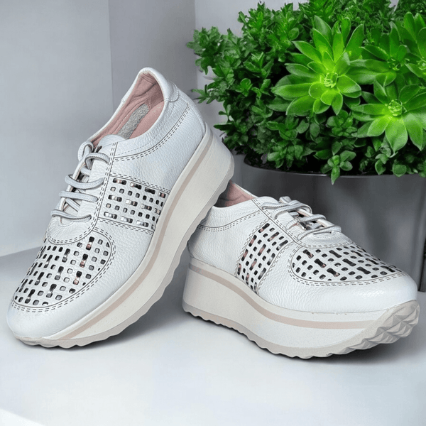 Womens Jose Saenz 3524 White with Metallic Lazer Cut Wedge Trainers - White