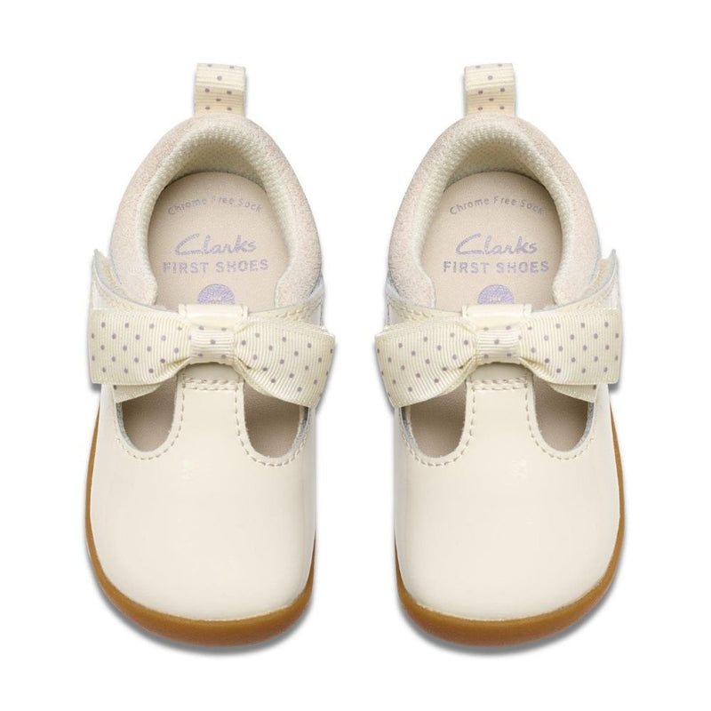 Infant Girls Clarks Roamer Trim Off White Patent Velcro Strap Pre Walker Shoes - Off White
