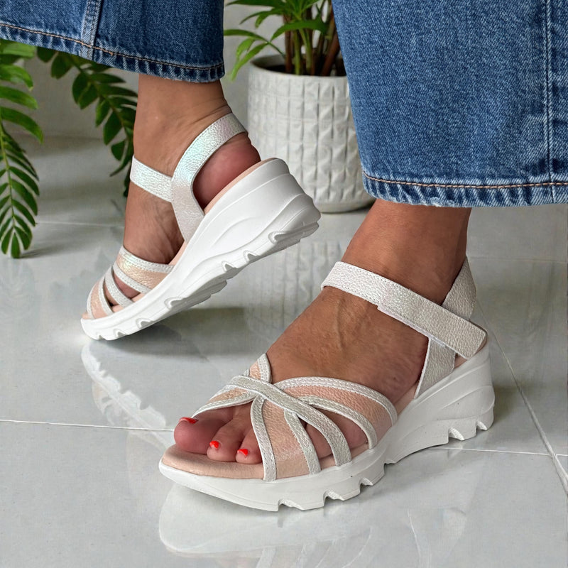 Womens Jose Saenz 5330 Wedge Sandal - White & Pink Iridescent