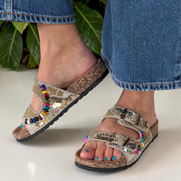 Womens Heavenly Feet JESS Beaded 2 Strap Sandals - Beige Gold