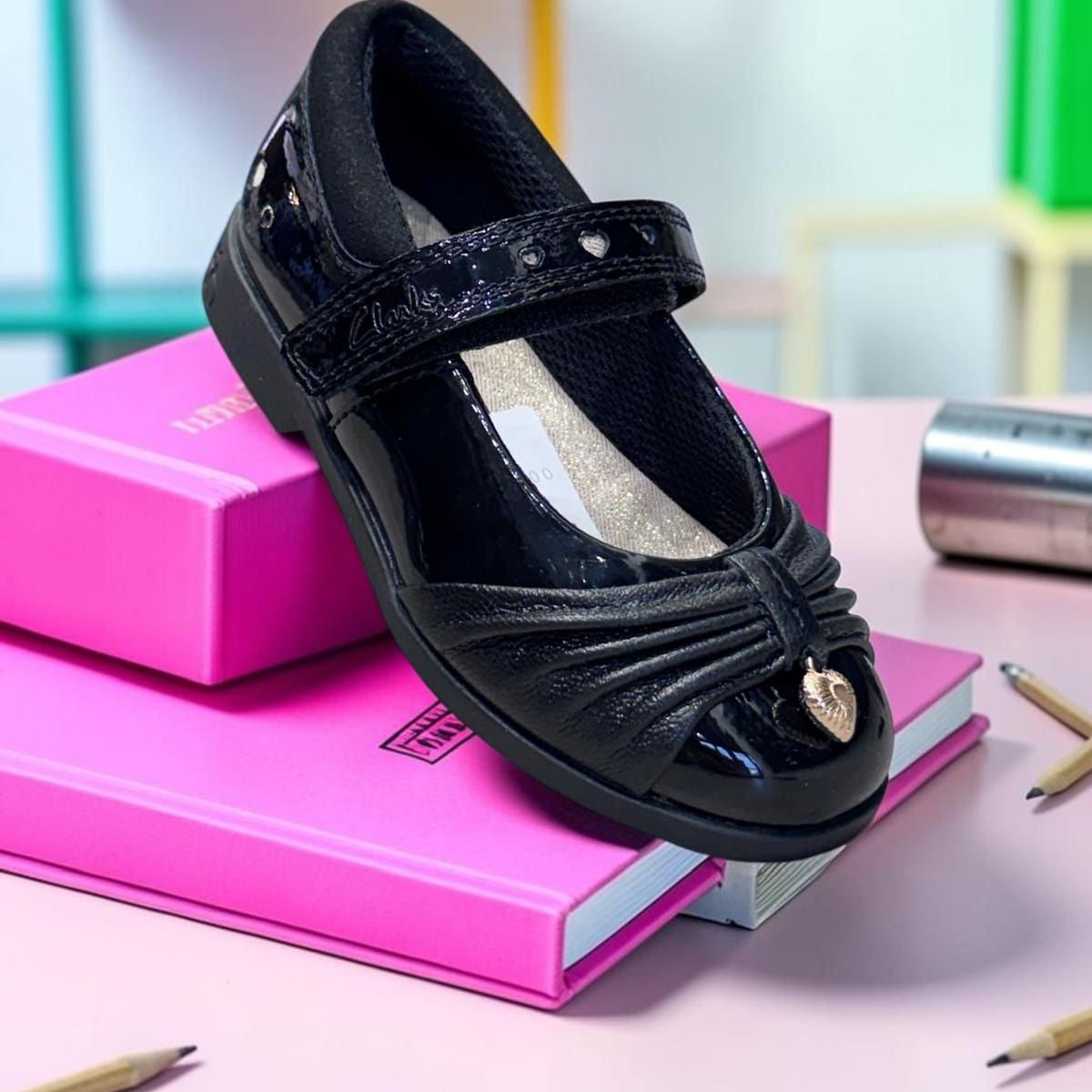 Girls Clarks Lock Gem Kid Black Patent School Shoes