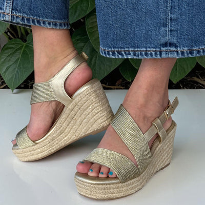 Womens Xti 145335 Gold Strappy Espadrille Wedge Sandals - Gold