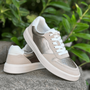 Womens Tamaris 23763 Beige with Gold Perforated Toe Trainers - Gold Comb